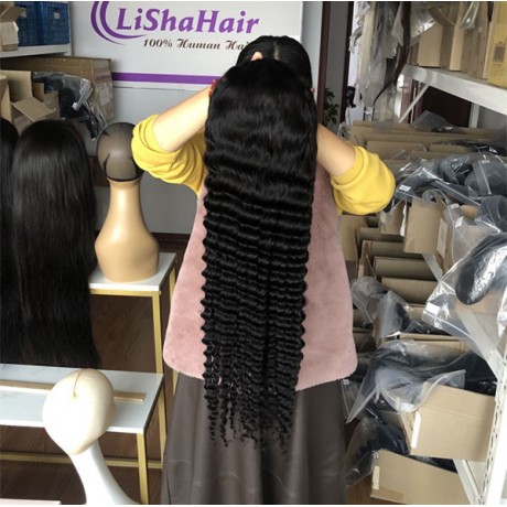 30inch 180% density Deep Wave Human Hair transparent lace front Wigs With Baby Hair Pre-Plucked Remy Hair Natural Black lishahair LS6124