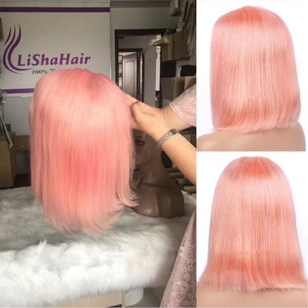 Light pink short silky straight bob human hair transparent 13x4 lace front wig 12inch 180% density Light pink short silky straight bob human hair transparent 13x4 lace front wig 12inch 180% density