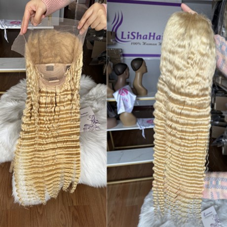 613 blonde deep wave Indian virgin human hair 13x6 transparent lace frontal wig 180% density 