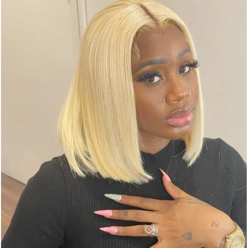 180% density 613 Blonde silky straight 13x4 transparent lace front bob wig pre plucked hairline