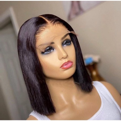 5x5 transparent lace closure bob wig silky straight texture 200% density pre pluck hairline 12inch