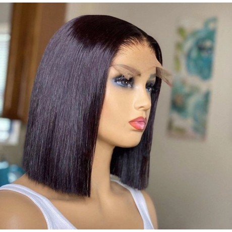 5x5 transparent lace closure bob wig silky straight texture 200% density pre pluck hairline 12inch