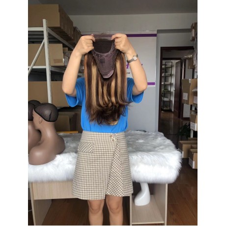 12inch silky straight 4 27 Highlights 4x4 bob human hair transparent lace closure wig 180% density