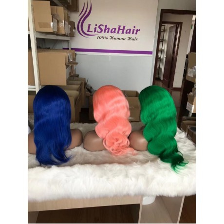 Blue/Pink/ Green colored virgin human hair 13x4 transparent lace front wigs silky straight / body wave 150% density