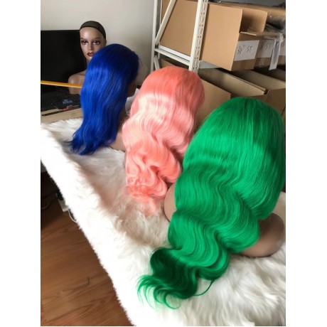 Blue/Pink/ Green colored virgin human hair 13x4 transparent lace front wigs silky straight / body wave 150% density
