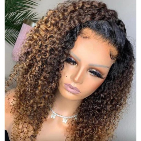  new style dark roots ombre color highlights virgin brazilian human hair deep curly lace front wig LS10101