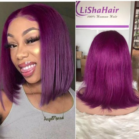 Colored purple virgin human hair silky straight bob lace front wig LS82013