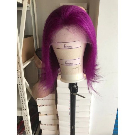 Colored purple virgin human hair silky straight bob lace front wig LS82013
