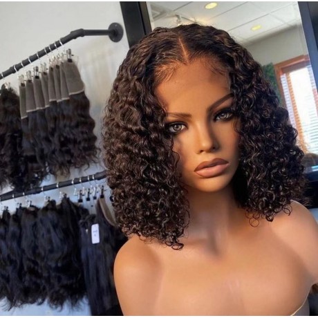14inch 5x5 HD lace closure Bob Lace Front Human Hair Wigs water wave curly style 250% density 