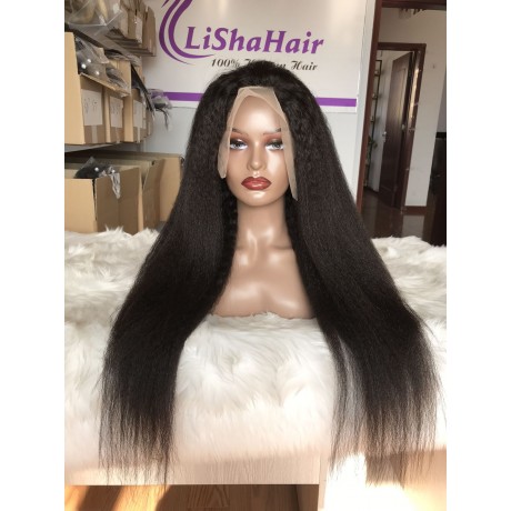 Virgin Indian human hair Kinky Straight 13x4 transparent Lace Front Human Hair Wigs pre plucked hairline 180% density