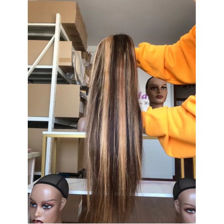 5X5 HD Lace Closure Wig Virgin Brazilian Human Hair 4 27 highlights color preplucked hairline