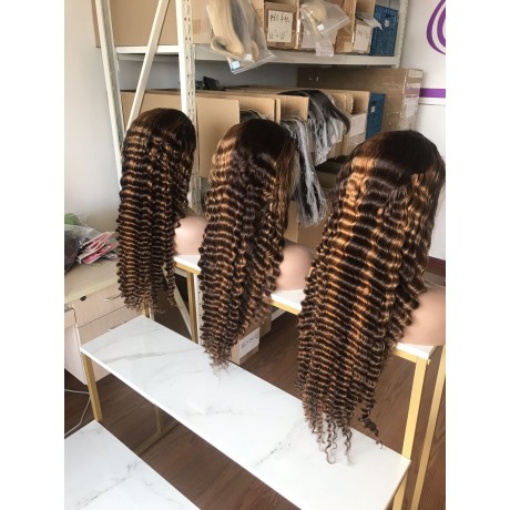 180% density  4 27 highlights colored deep wave human hair lace front wig LS11121