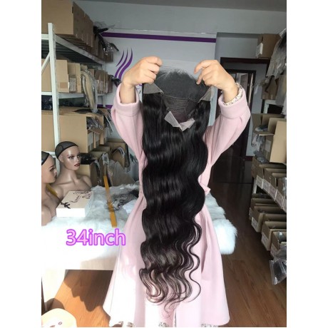 32inch 34inch 36inch long body wave 180% density 13x4 transparent lace front wig pre plucked hairline 