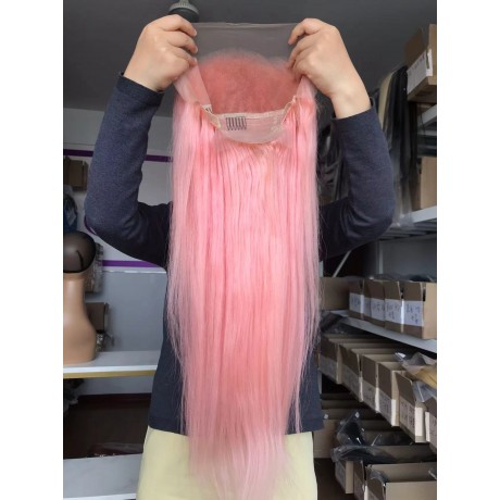 Light pink colored human hair lace front wig silky straight texture 150% density