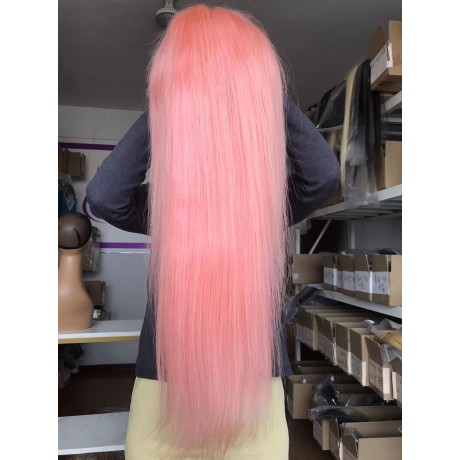 Light pink colored human hair lace front wig silky straight texture 150% density