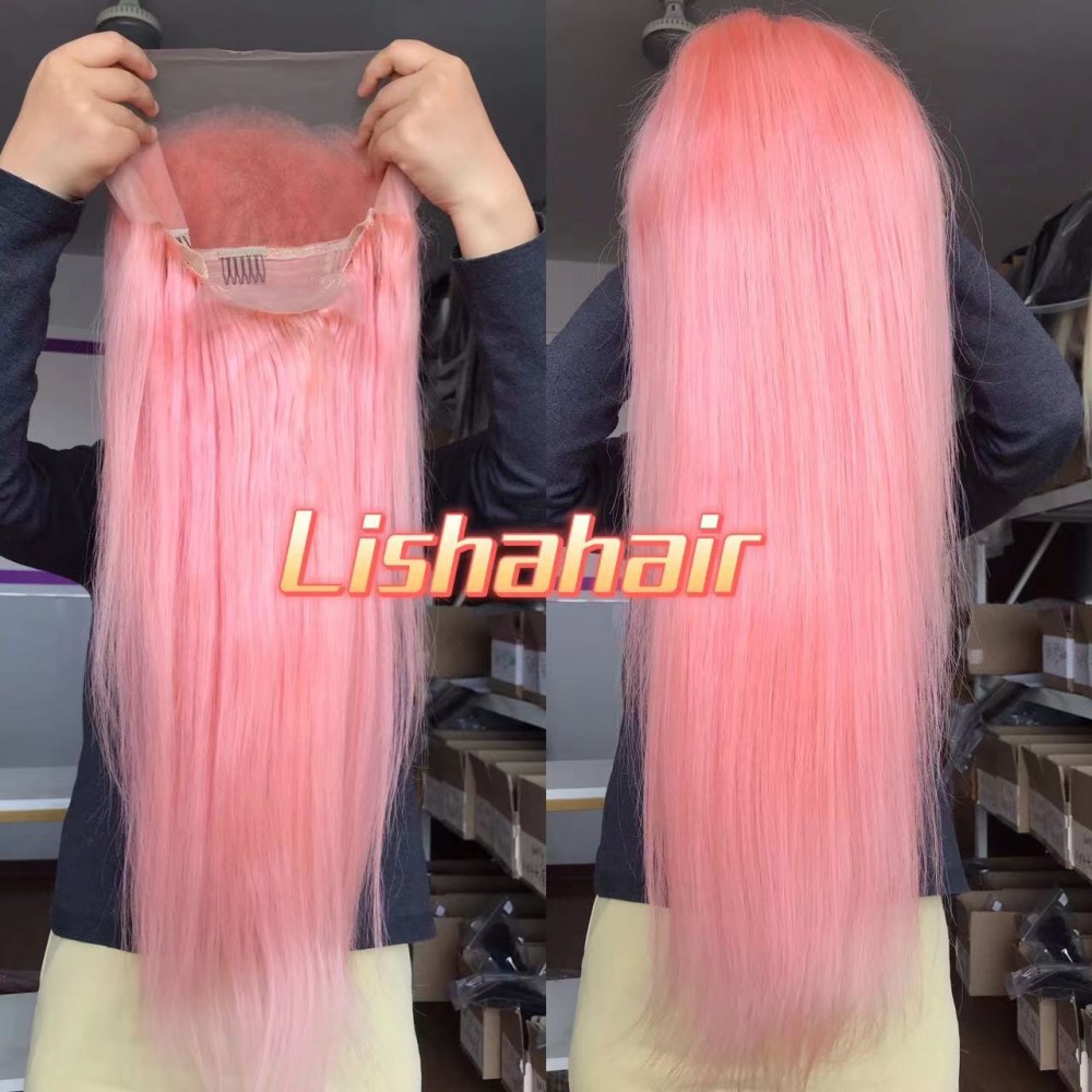 Light pink colored human hair lace front wig silky straight texture 150% density