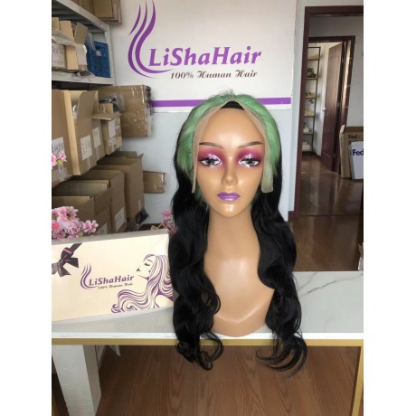Two tone ombre green black body wave human hair 13x4 transparent lace front wig 180% density