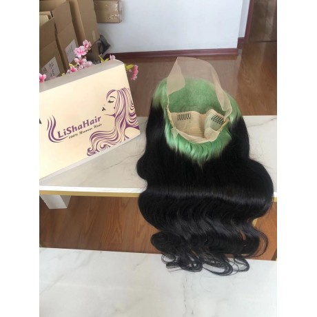 Two tone ombre green black body wave human hair 13x4 transparent lace front wig 180% density