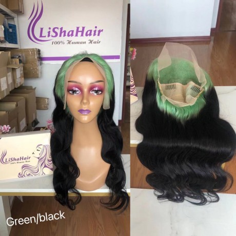 Two tone ombre green black body wave human hair 13x4 transparent lace front wig 180% density