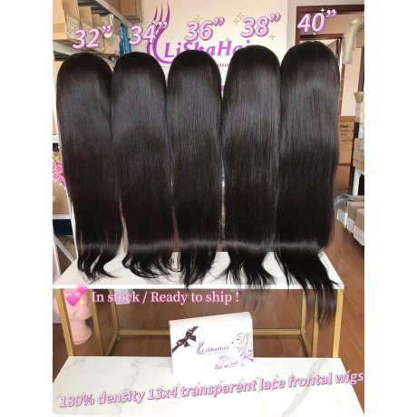 32 34 36 inch human hair lace front wig transparent lace 13x4 frontal wig 180% density silky straight in stock ! ready to ship !