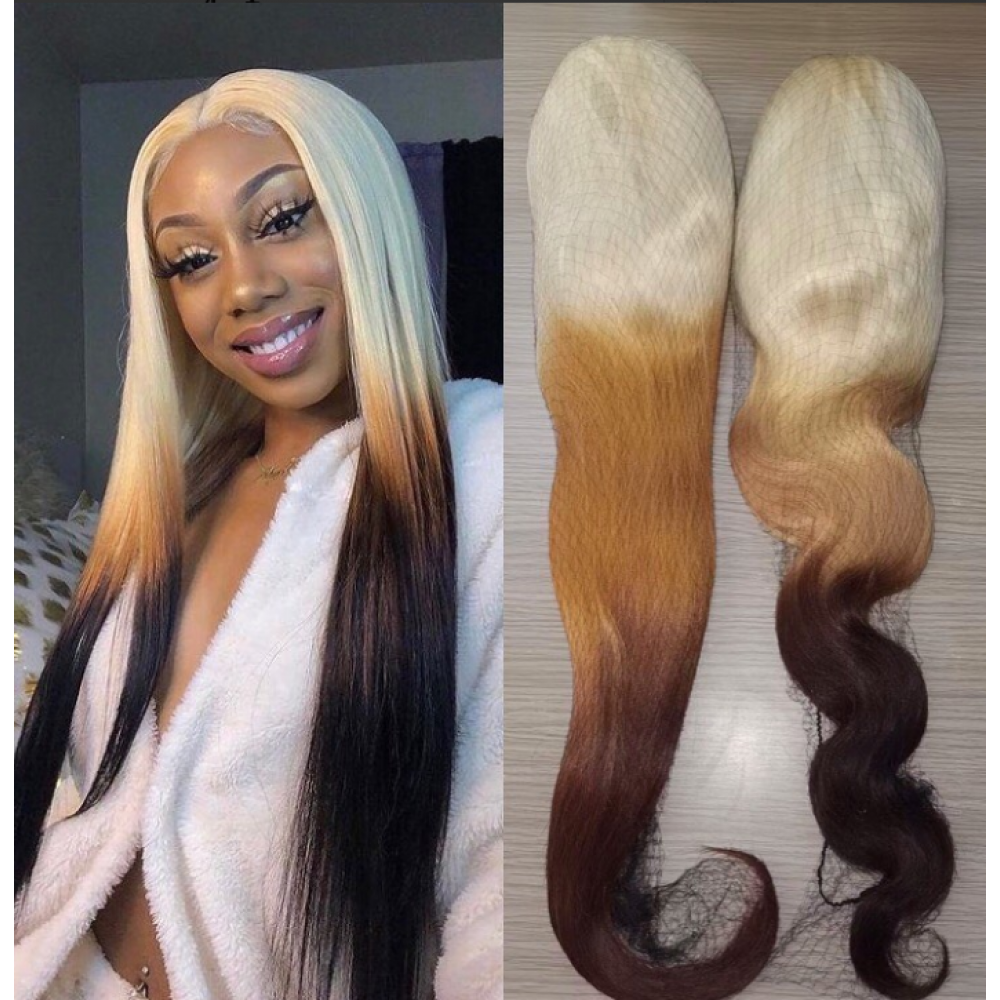180% density ombre 3 tone colored human hair 13x4 transparent lace front wig silky straight and body wave 180% density ombre 3 tone colored human hair 13x4 transparent lace front wig silky straight and body wave