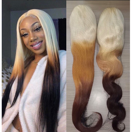 180% density ombre 3 tone colored human hair 13x4 transparent lace front wig silky straight and body wave 