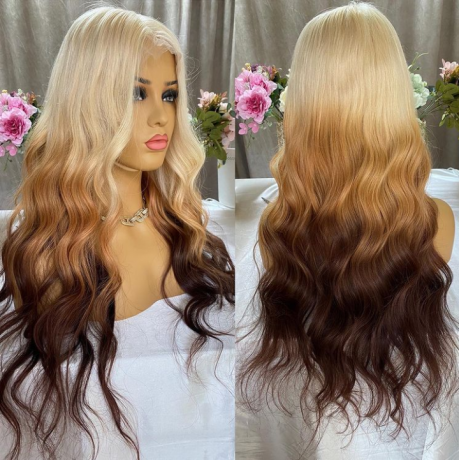 180% density ombre 3 tone colored human hair 13x4 transparent lace front wig silky straight and body wave 