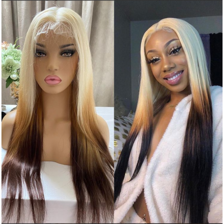 180% density ombre 3 tone colored human hair 13x4 transparent lace front wig silky straight and body wave 