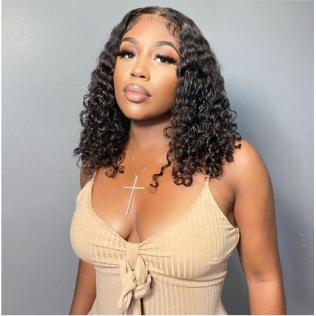 180% density water wave curly bob Lace Front Human Hair Wigs Pre Plucked 13x4 lace front wig 14inch long