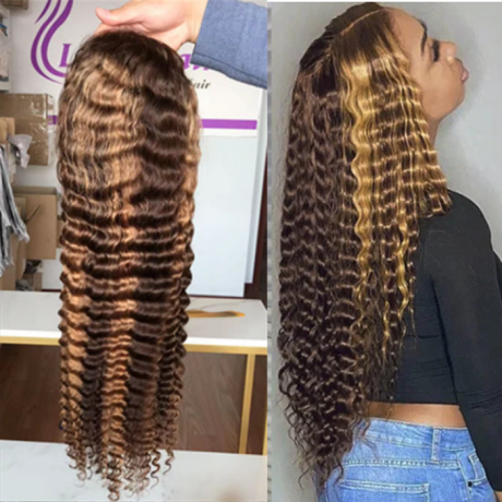 180% density  highlights colored deep wave human hair lace front wig LS11121