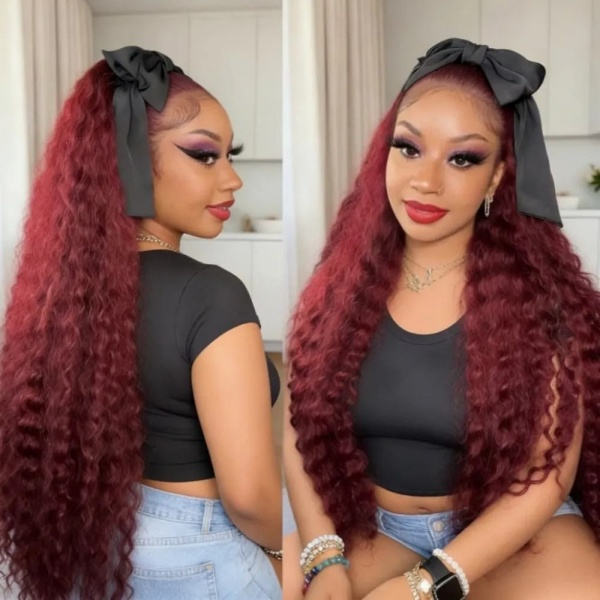 Deep Wave Human Hair Burgundy 13x6 Transparent Lace Frontal Wig Curly Human Hair Wigs 99j Color