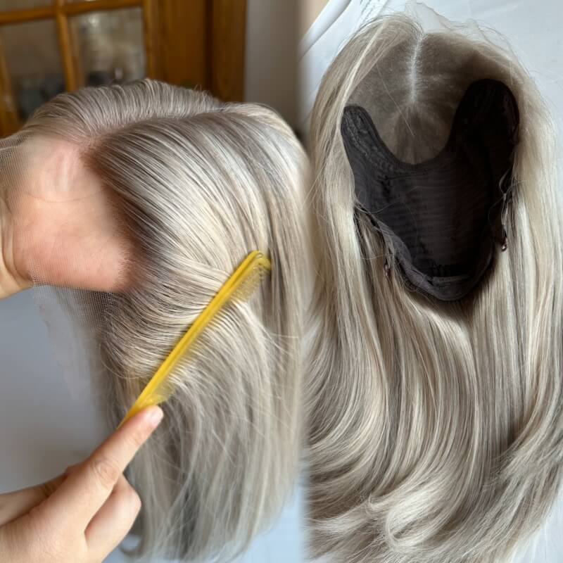 Balayage Ash Blonde Wigs Human Hair Swiss Lace Front Wigs Glueless European Hair Medical Wigs Ready to Ship