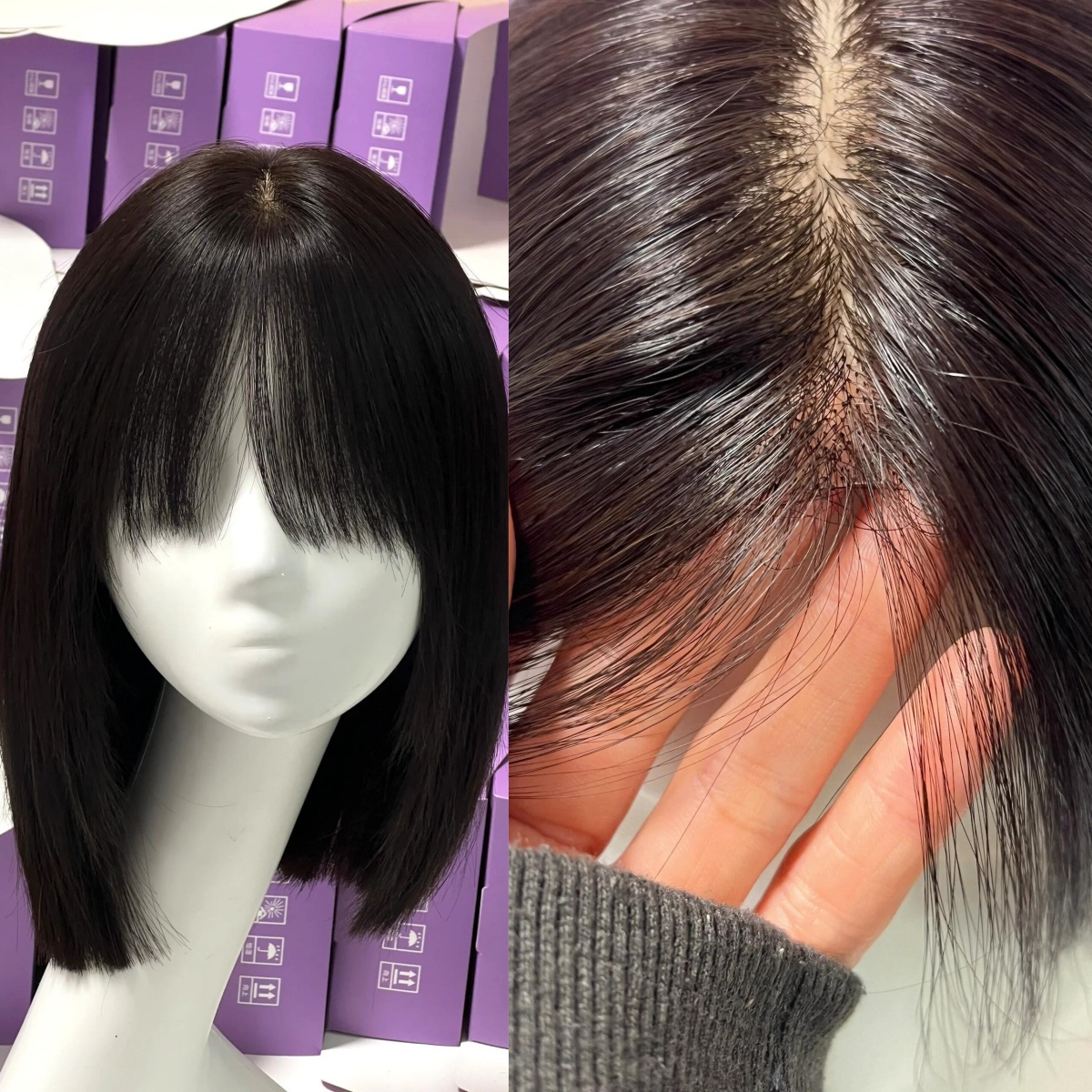 Ready to Ship Transparent Silk Base Wig Virgin Human Hair Straight Bangs Bob Wig with Fringe 180% Density